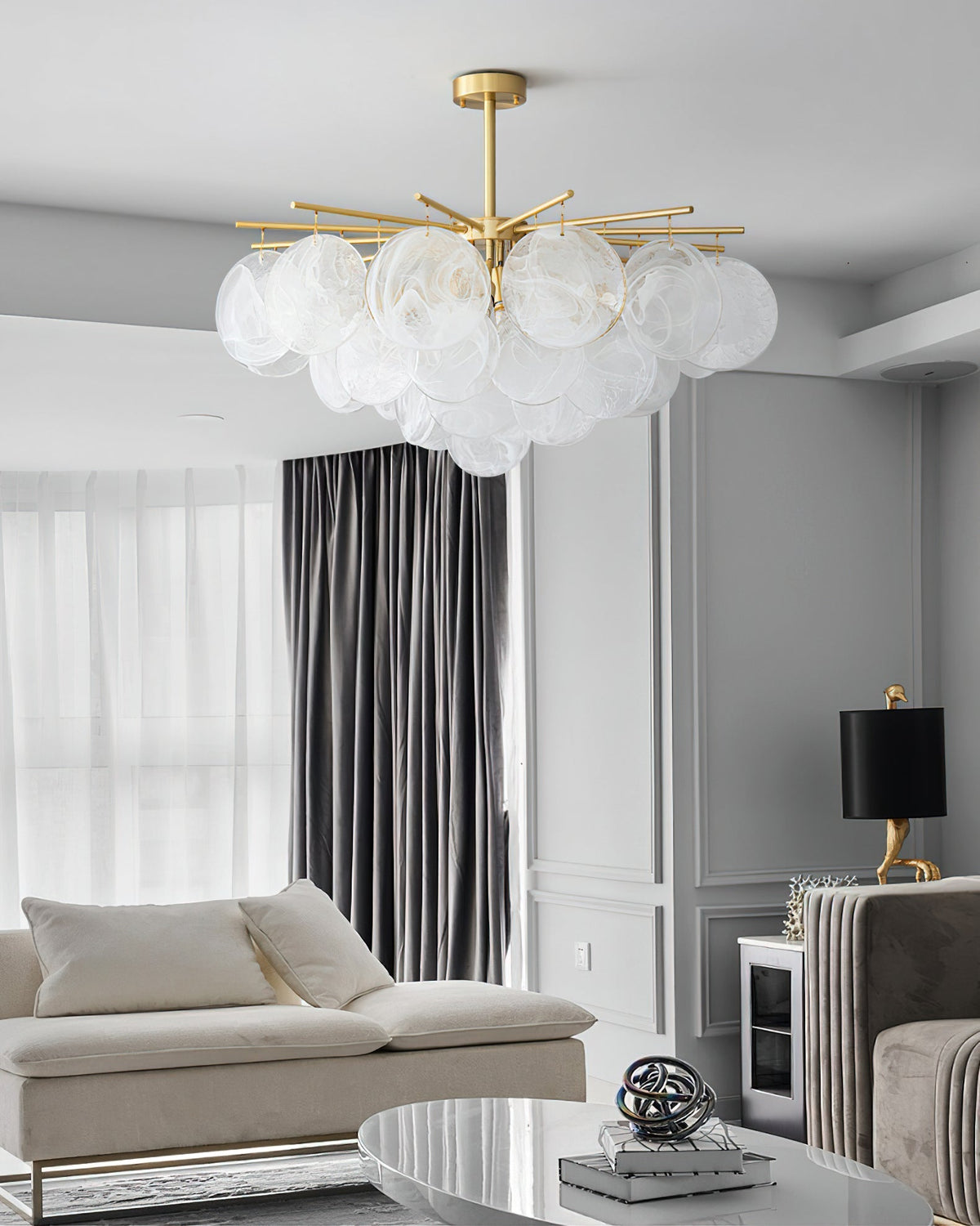 The Celestia Chandelier in black finish, highlighting its contemporary look.