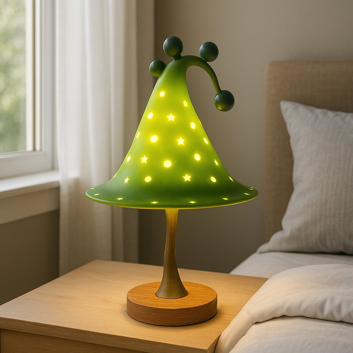Close-up of the blue resin wizard hat lamp, showing star details.