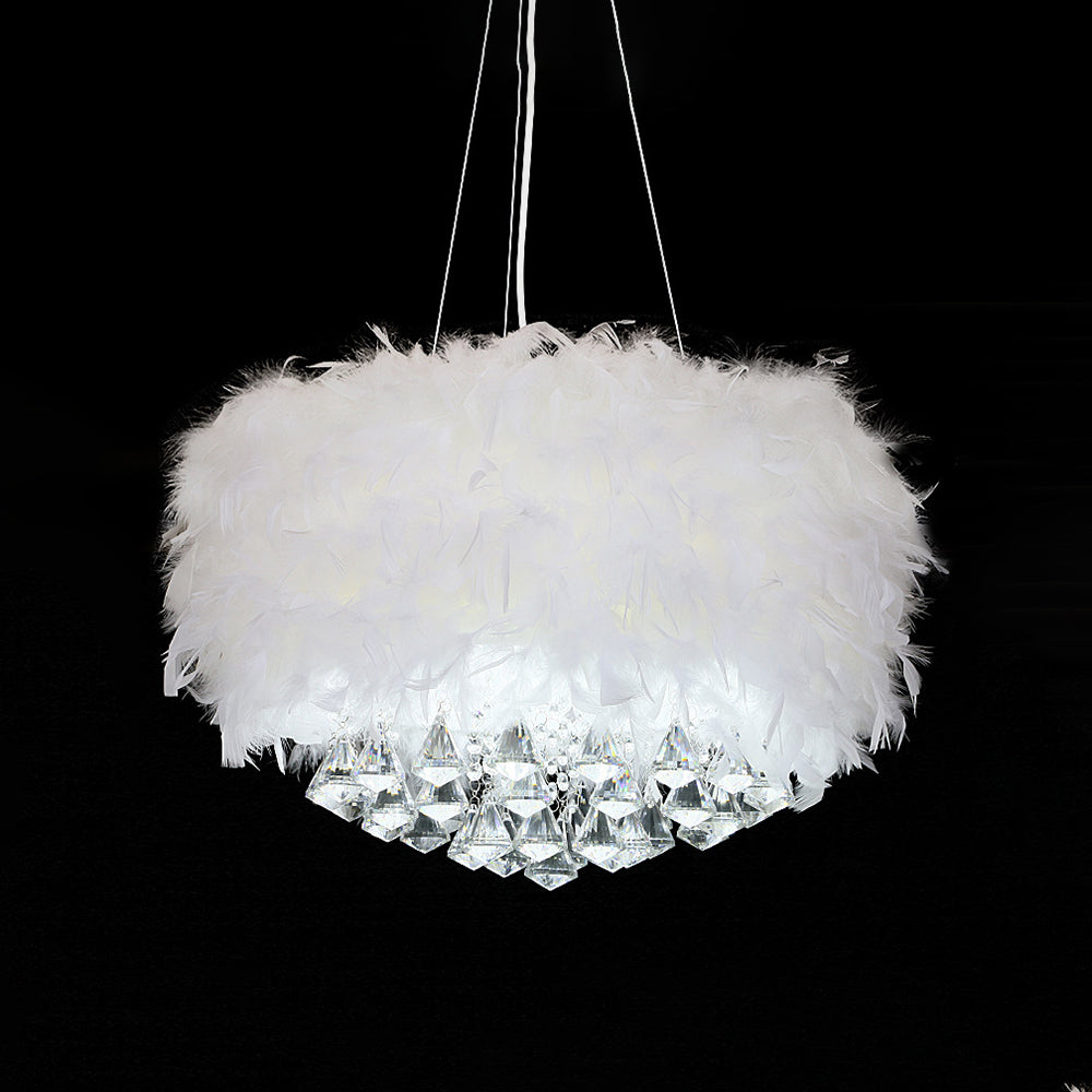 O'Moore Suspension Tambour Magnifique, Métal/Plume/Cristal, Blanc, Chambre à Coucher/Salon