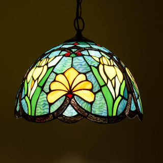 Tiffany Vintage Suspension Tachée Fleurs Verre Salon