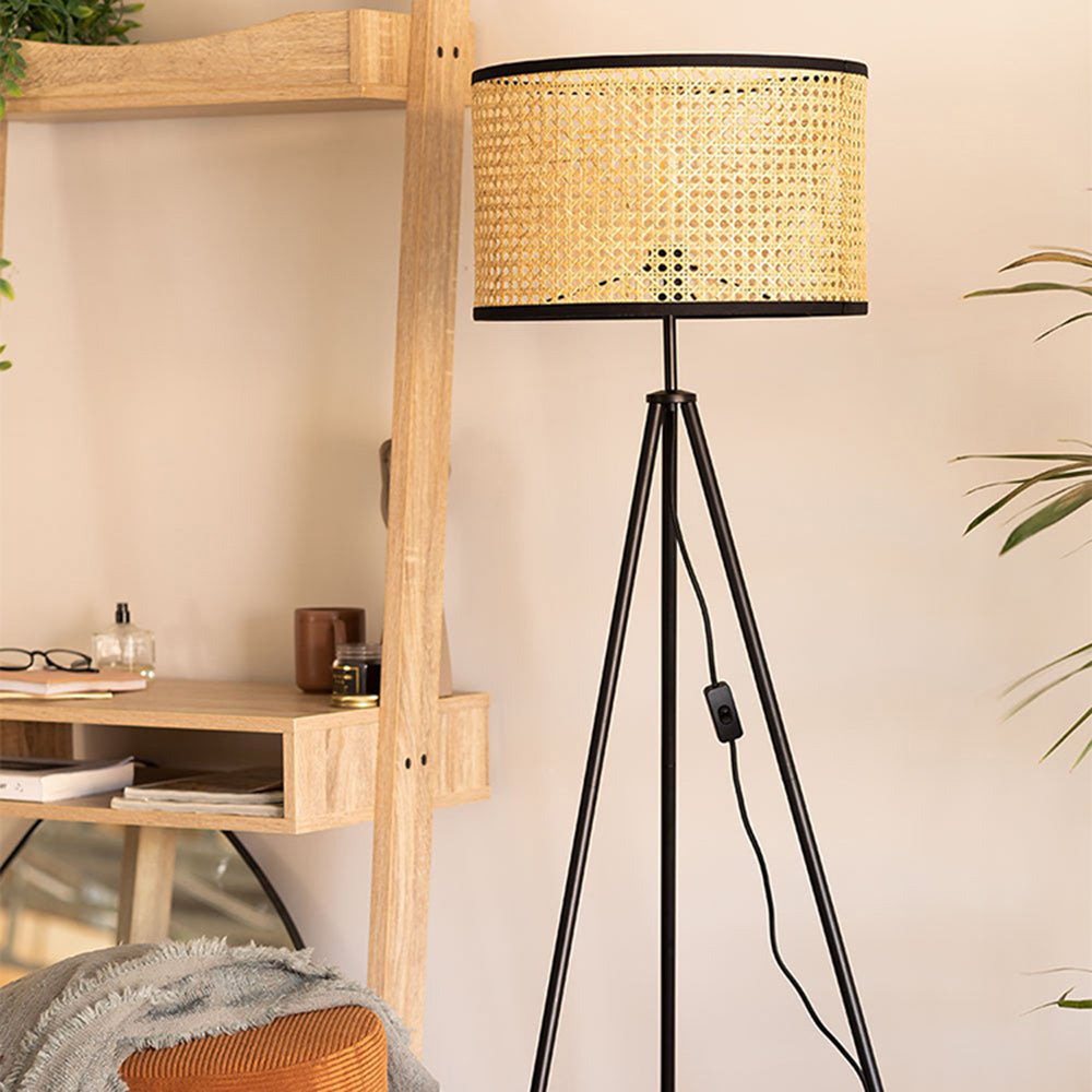 Ritta Lampadaire Trépied Moderne, Métal/Rotin, Bois, Salon