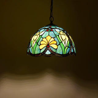 Tiffany Vintage Suspension Tachée Fleurs Verre Salon