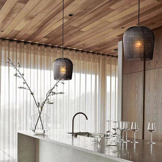 Ritta Suspension Cylindre Moderne, Metal/Rotin, Blanc/Noir, Salon