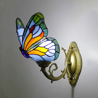 Arisha Applique Murale Papillon Tiffany, Métal/Verre, Bleu/Rouge/Multi-Couleurs/Bleu Clair
