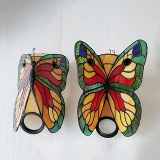 Arisha Applique Murale Papillon Tiffany, Métal/Verre, Bleu/Rouge/Multi-Couleurs/Bleu Clair