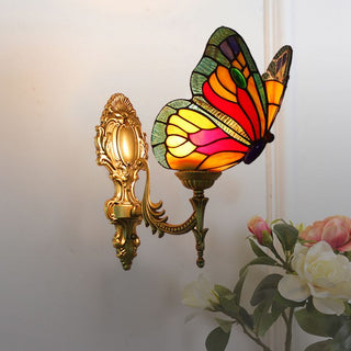 Arisha Applique Murale Papillon Tiffany, Métal/Verre, Bleu/Rouge/Multi-Couleurs/Bleu Clair