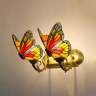 Arisha Applique Murale Papillon Tiffany, Métal/Verre, Bleu/Rouge/Multi-Couleurs/Bleu Clair