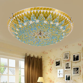 Tiffany Plafonnier Dôme Méditerranéen, Verre, Bleu/Jaune/Blanc, Salon