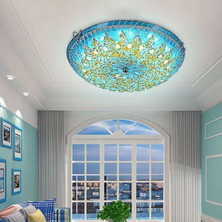Tiffany Plafonnier Dôme Méditerranéen, Verre, Bleu/Jaune/Blanc, Salon