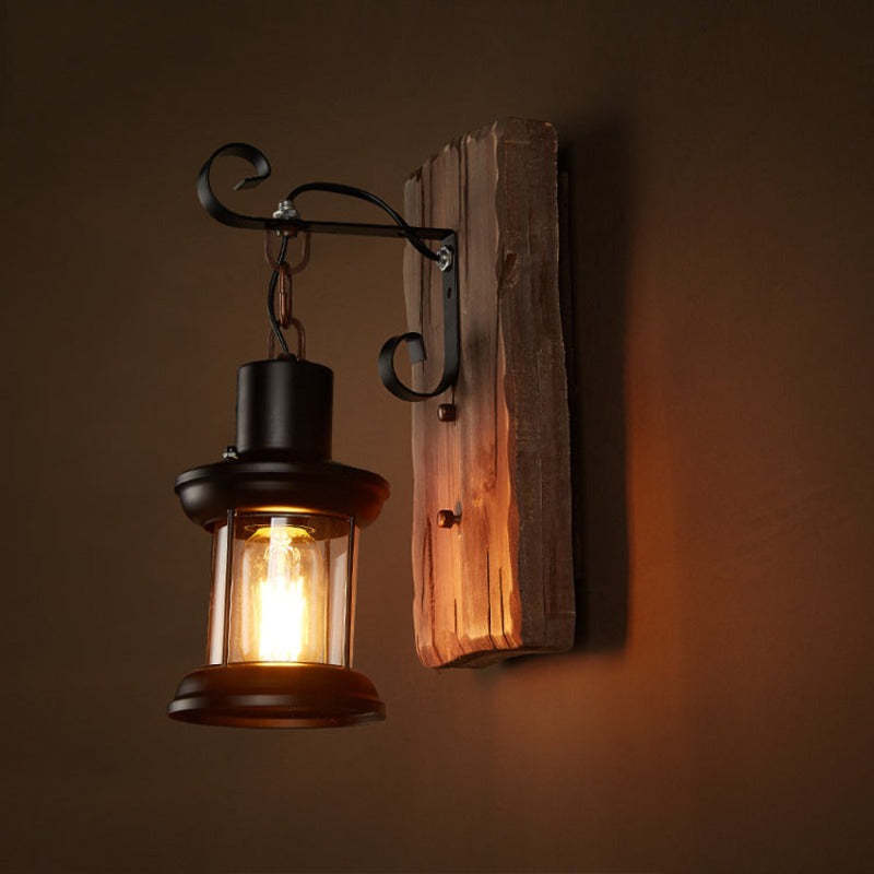 Silva Applique Murale Lanterne Industrielle/Rétro, Métal/Bois, Bronze, Salon