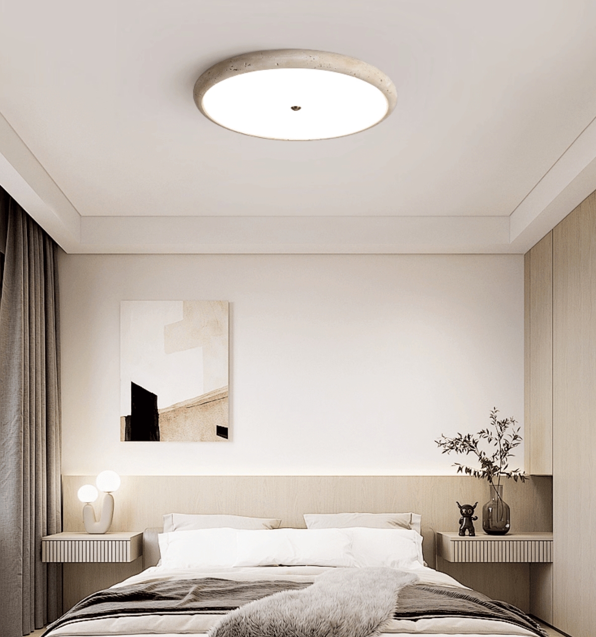 Textured Travertine Disk Ceiling Light-Neutral Decor