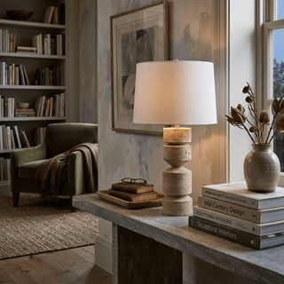 Geometric Travertine Table Lamp-Neutral Decor