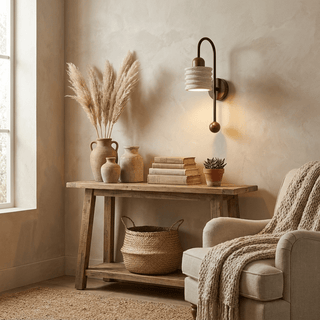 Ribbed Travertine Arc Sconce-Neutral Decor