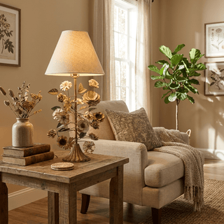 Sculpted Metal Floral Table Lamp-Neutral Decor