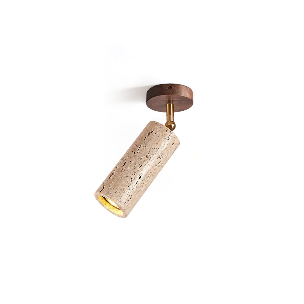 Mireille Ceiling Light with travertine shade and wood canopy.