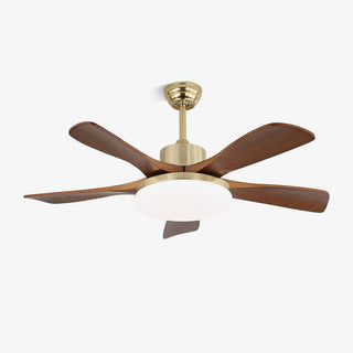 Plafonnier ventilateur Elara moderne en laiton et bois
