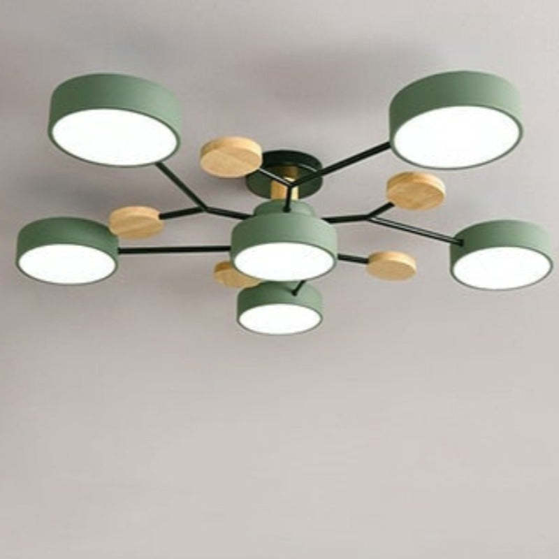 Arisha Plafonnier Rond Moderne, Métal/Bois, Blanc/Vert/Gris, Salon