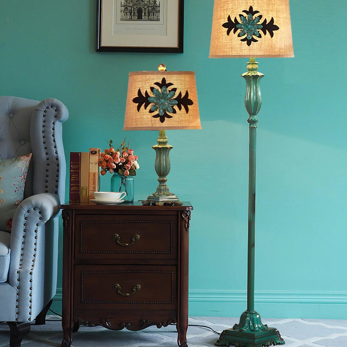 Tiffany Lampadaire Cylindre Vintage, Métal/Résine, Vert, Salon