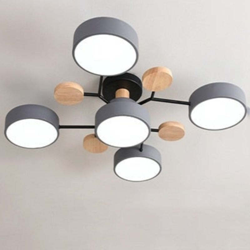 Arisha Plafonnier Rond Moderne, Métal/Bois, Blanc/Vert/Gris, Salon
