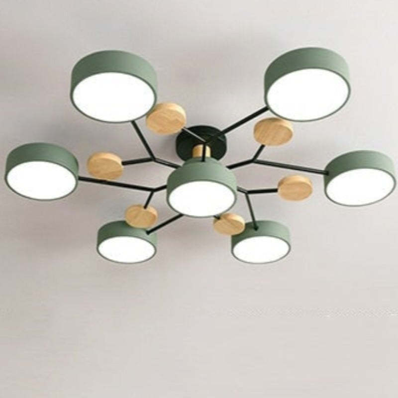 Arisha Plafonnier Rond Moderne, Métal/Bois, Blanc/Vert/Gris, Salon