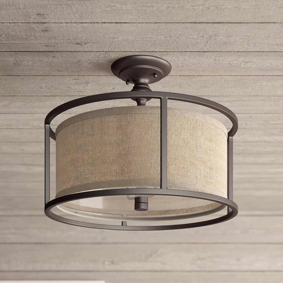Close-up of the Addyson Ceiling Lamp's fabric shade and brass details.