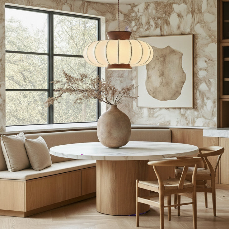 Aeron Pendant Light, Model A, hanging in a modern living room.