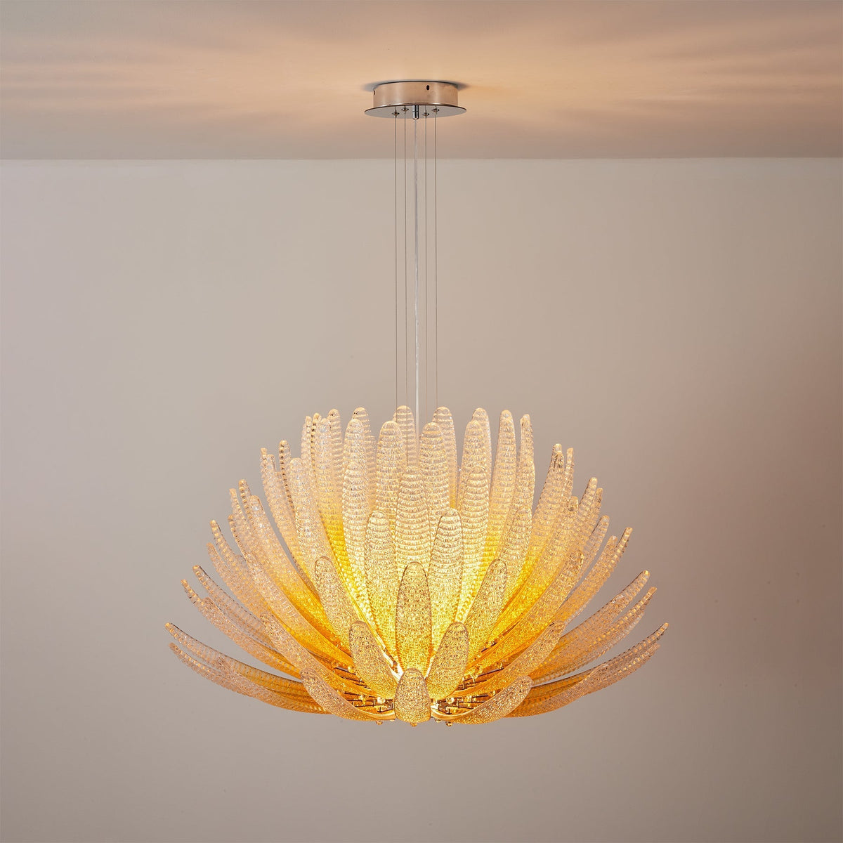 Close-up of the hand-struck glass foliage on the Agave Chandelier.