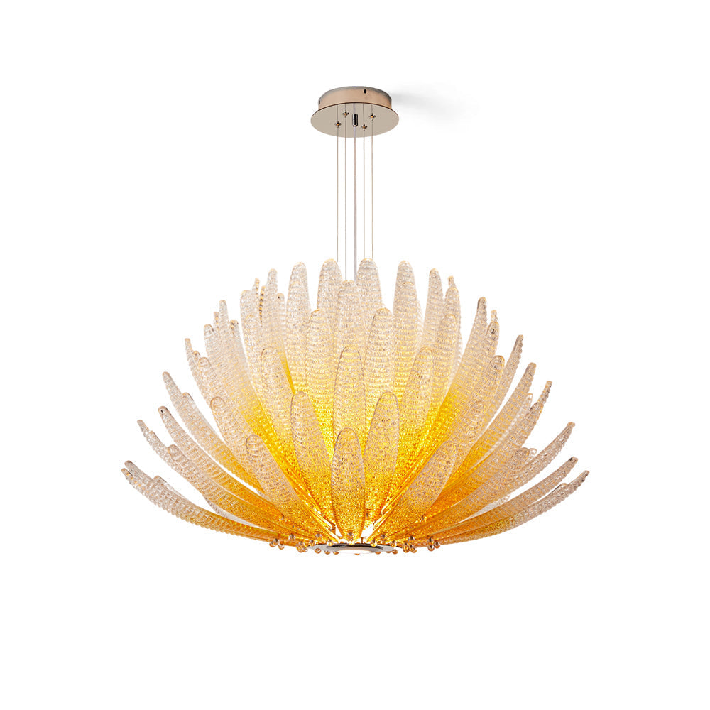 Agave Starburst Chandelier with clear glass petals against a dark background.
