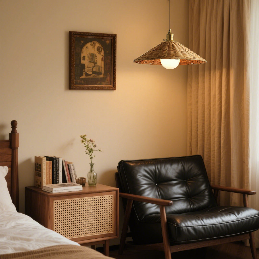 Agoura Pendant Light with a gold frame, casting a warm glow.