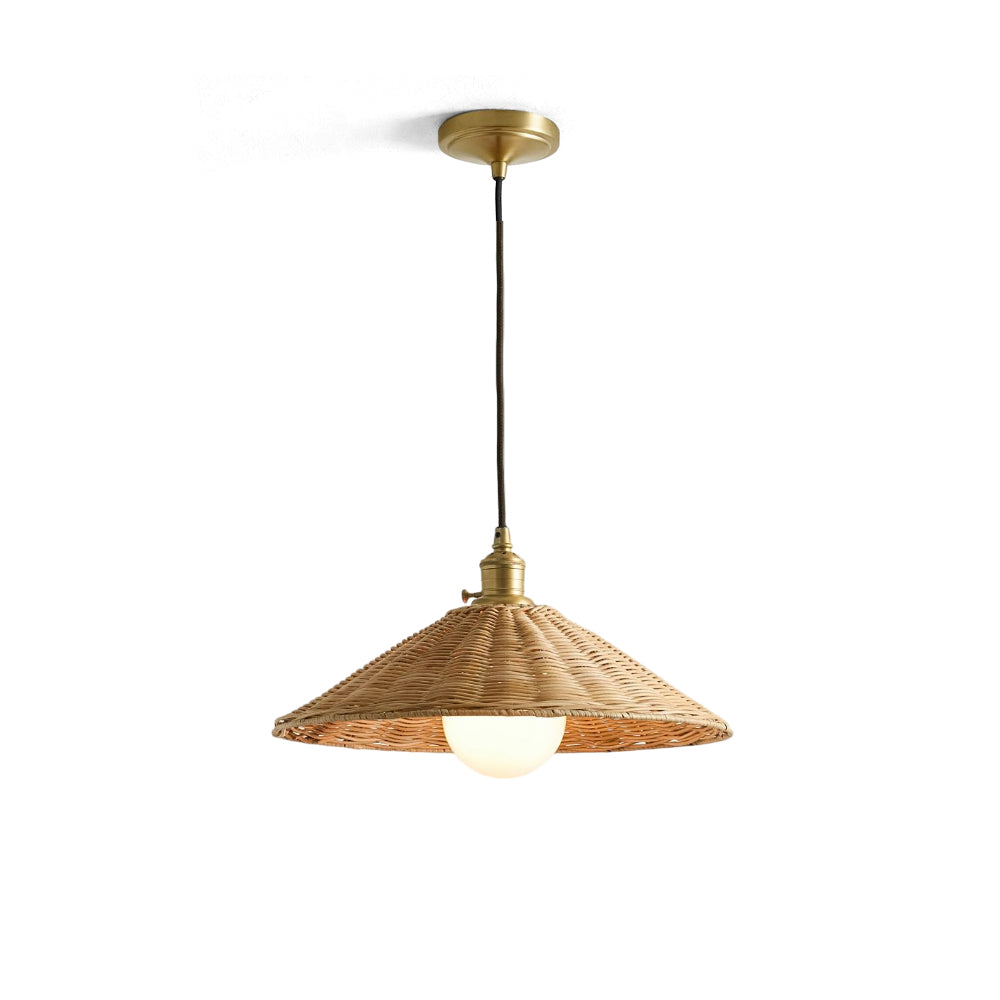 Agoura Pendant Light in natural rattan with a black frame.