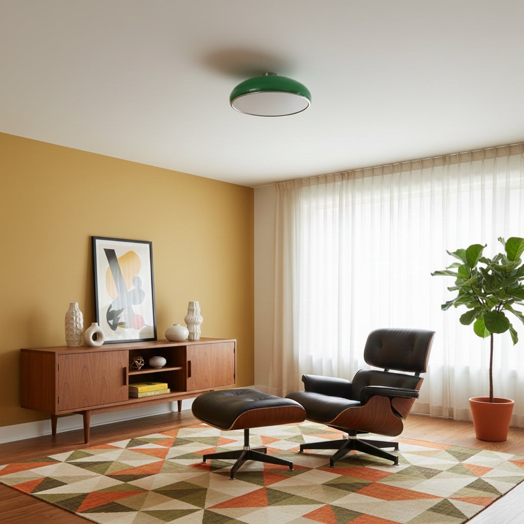 Close-up of the Aicia Ceiling Light's copper accent on the orange dome.
