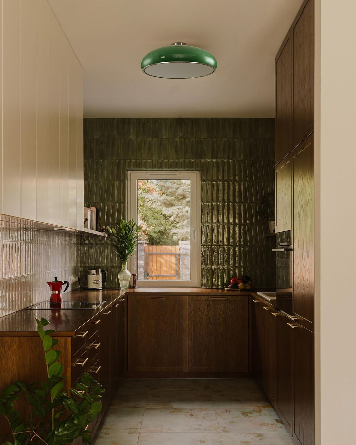 Low-angle shot of the Aicia Ceiling Light in a rich purple color.
