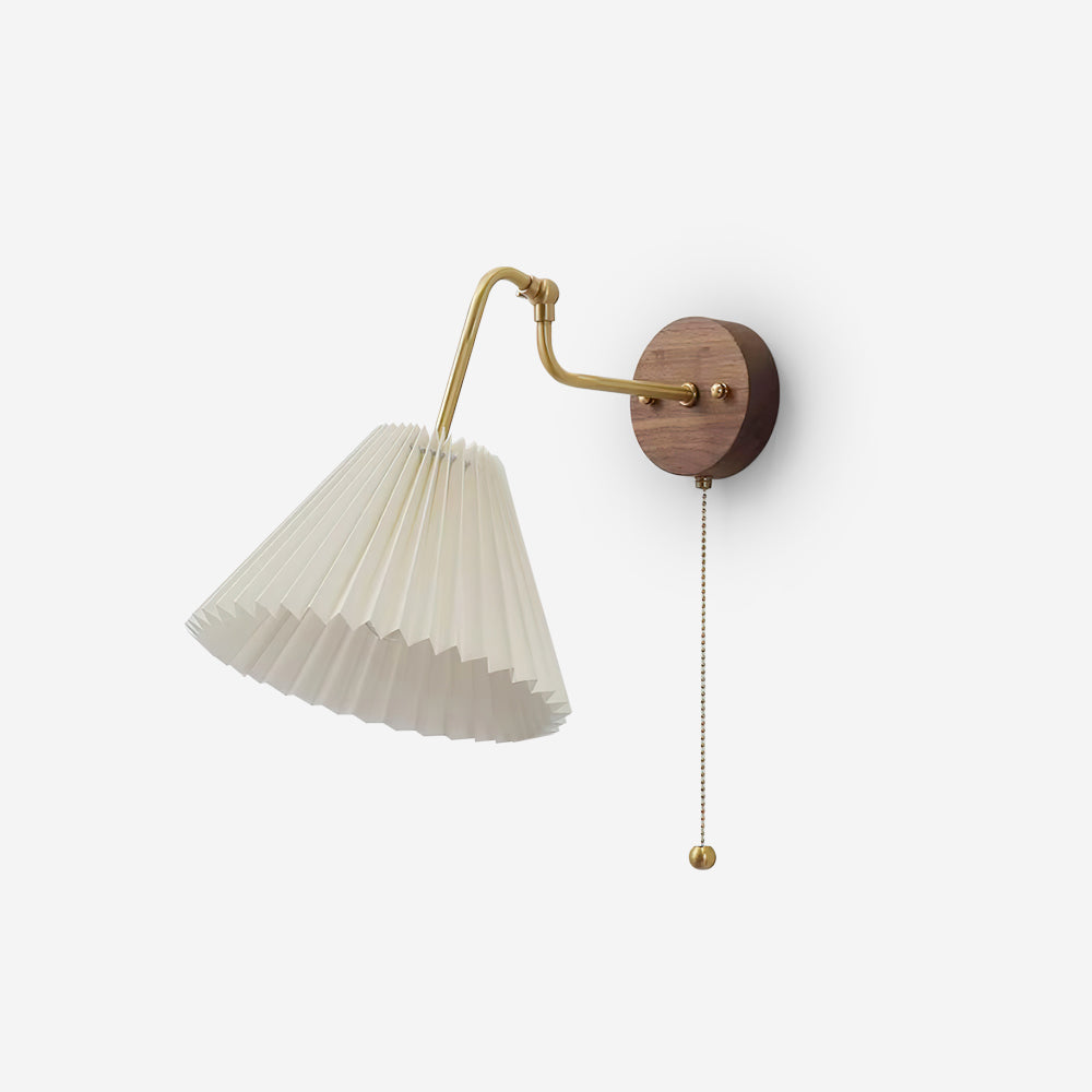 Vintage Brass & Walnut Wall Lamp with Pleated Fabric Shade-Neutral Decor
