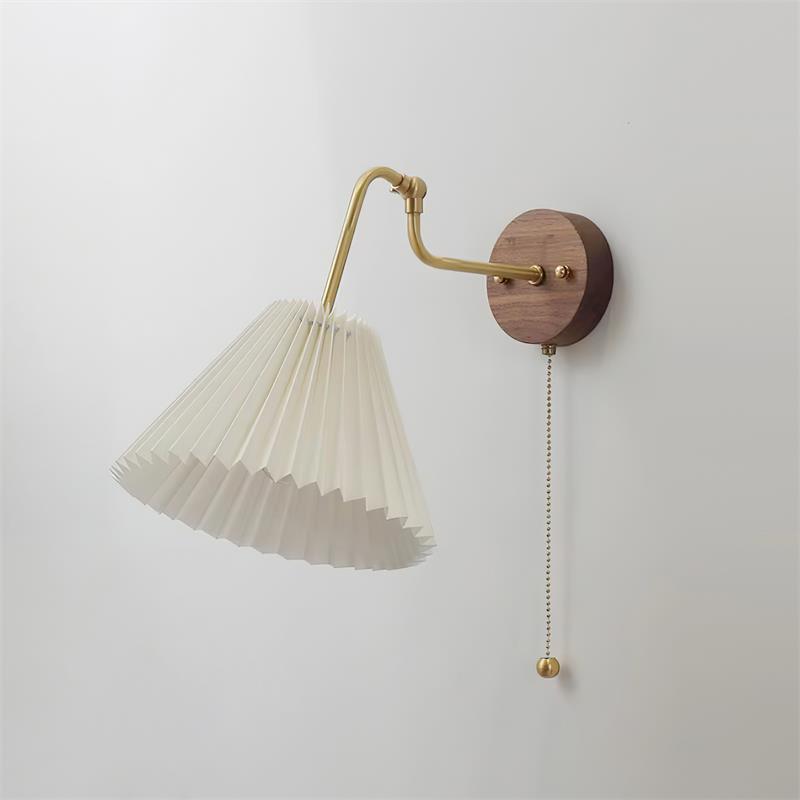 Vintage Brass & Walnut Wall Lamp with Pleated Fabric Shade-Neutral Decor