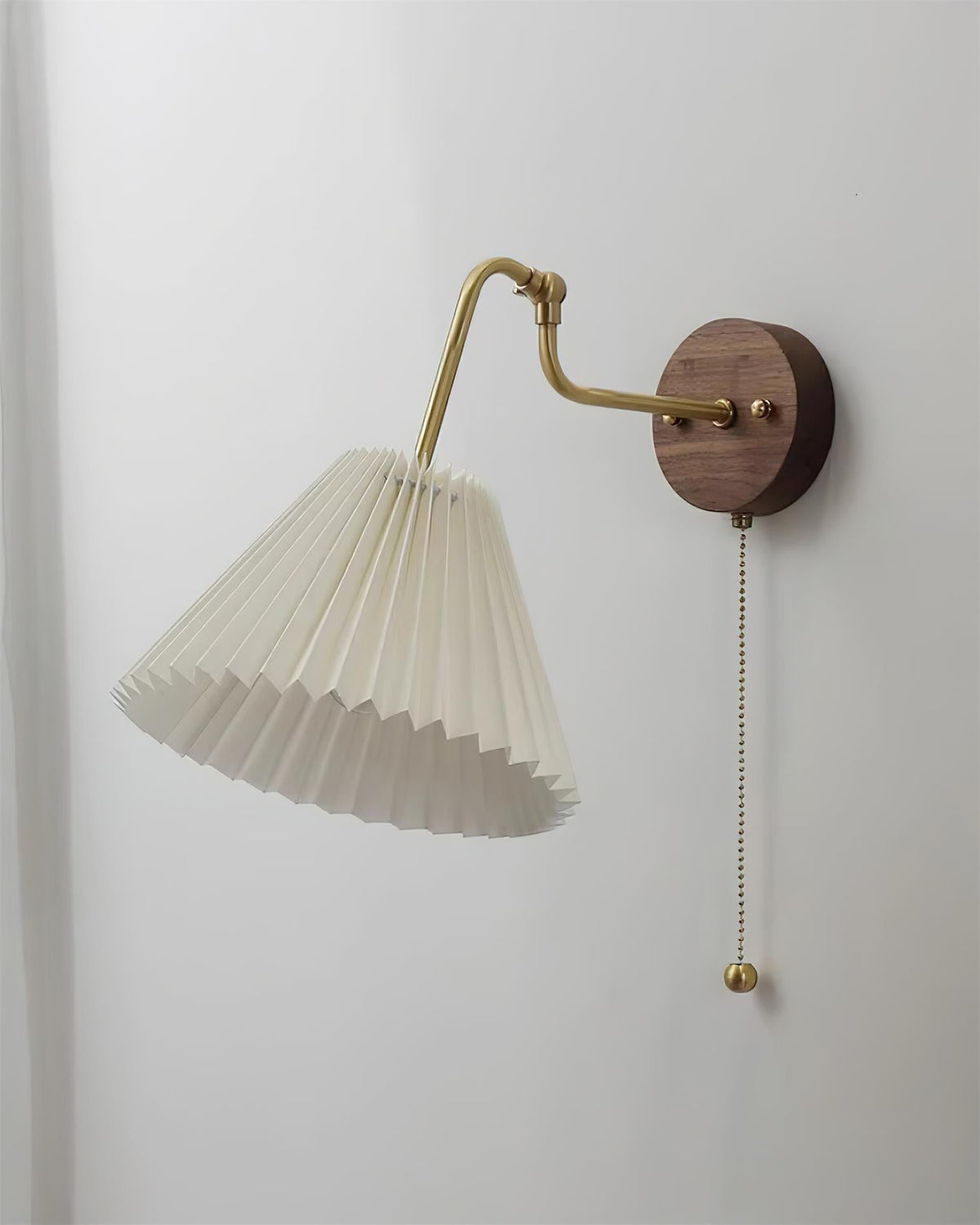 Vintage Brass & Walnut Wall Lamp with Pleated Fabric Shade-Neutral Decor