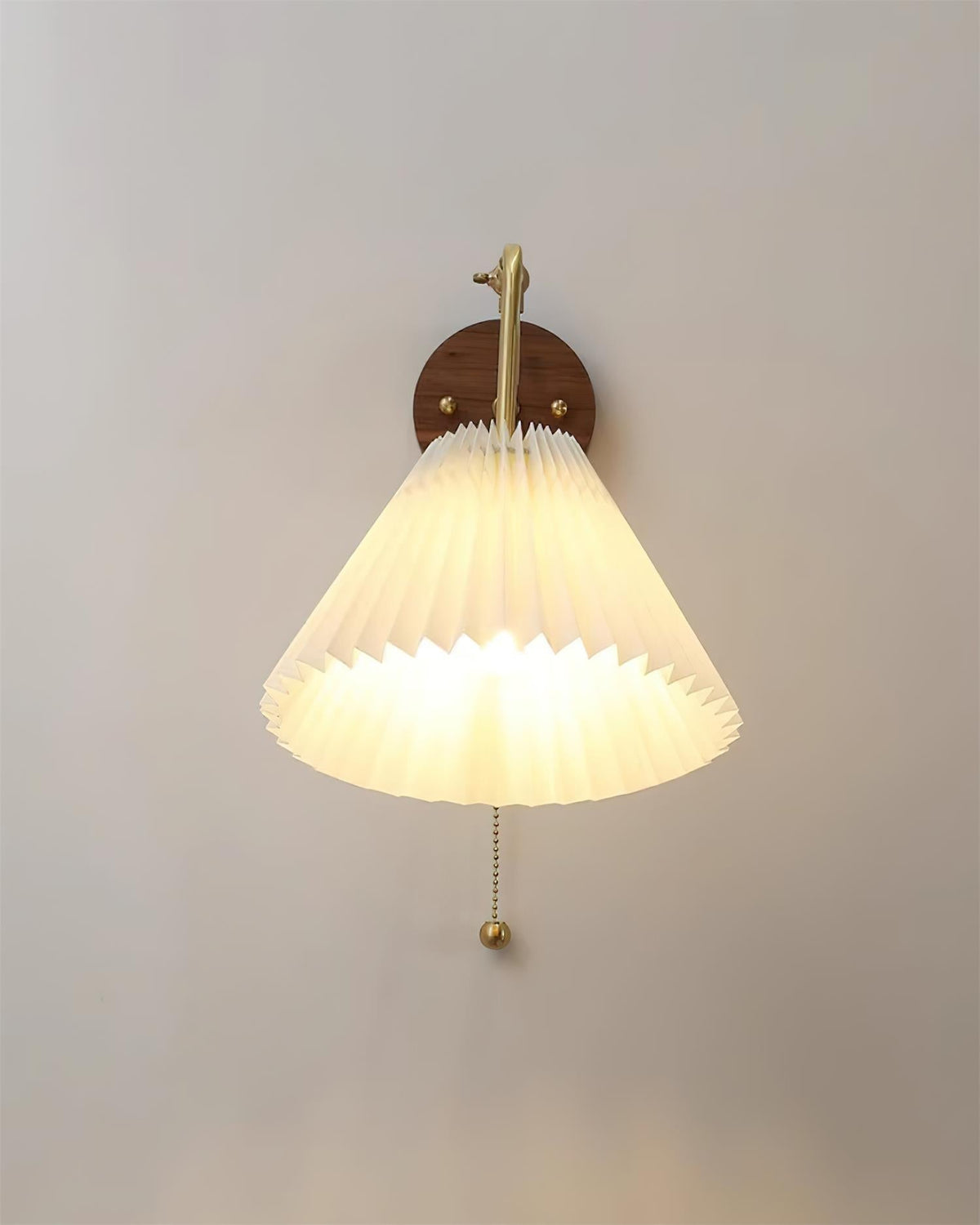 Vintage Brass & Walnut Wall Lamp with Pleated Fabric Shade-Neutral Decor