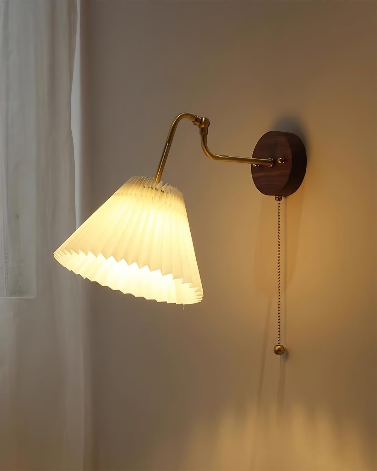 Vintage Brass & Walnut Wall Lamp with Pleated Fabric Shade-Neutral Decor