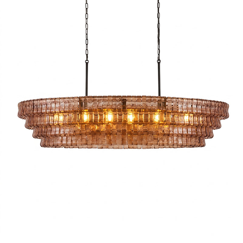 The clear glass Albano Chandelier appearing light and kinetic.