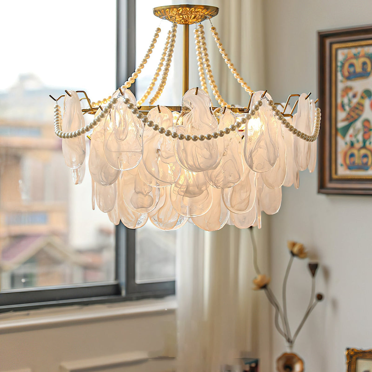 Close-up of the hand-crafted hazy-white glass petals on the Alessia Chandelier.