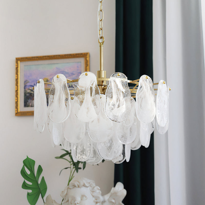 A view from below the Alessia Chandelier, highlighting the arrangement of glass petals.