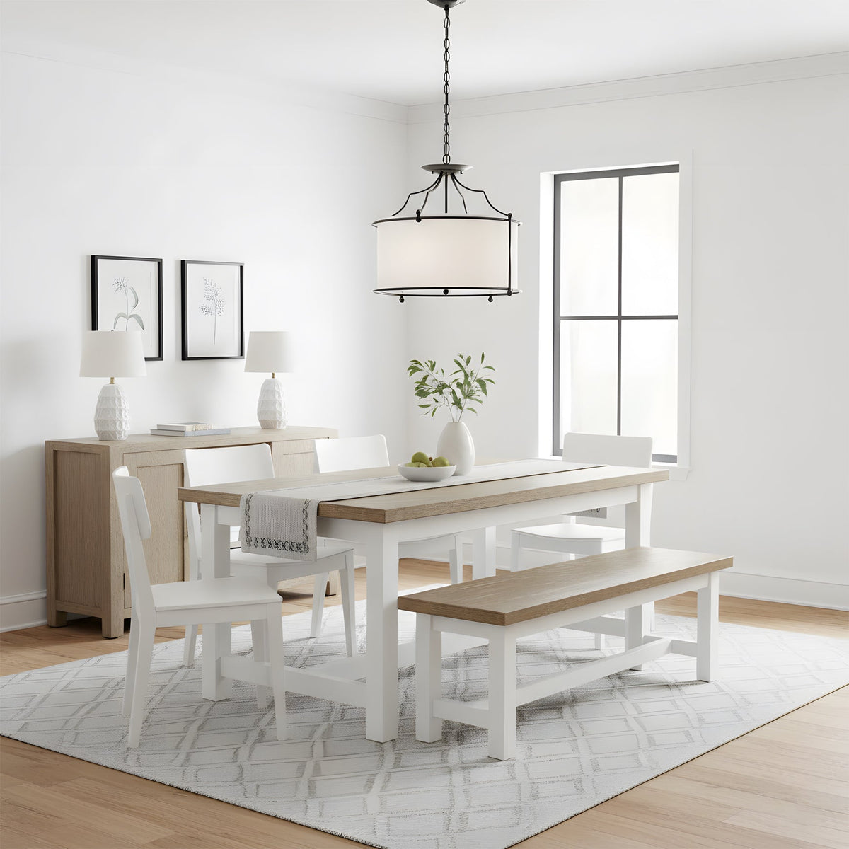 The pendant light illuminating a modern living space.