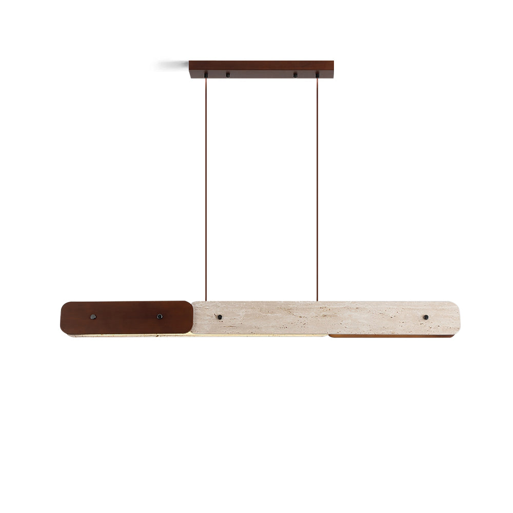 Aluet Linear Chandelier in beige travertine and walnut wood, shown from the front.
