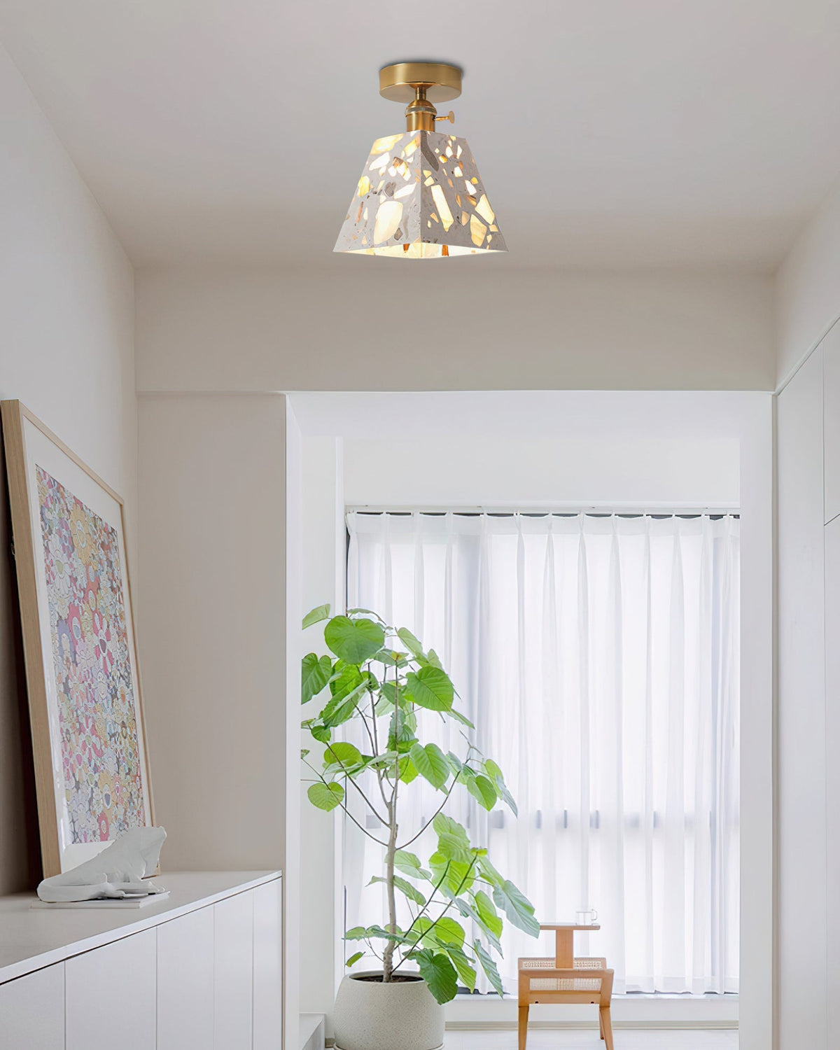 Angled view of the Alvaro Ceiling Lamp, Model A, showing the terrazzo mosaic pattern.