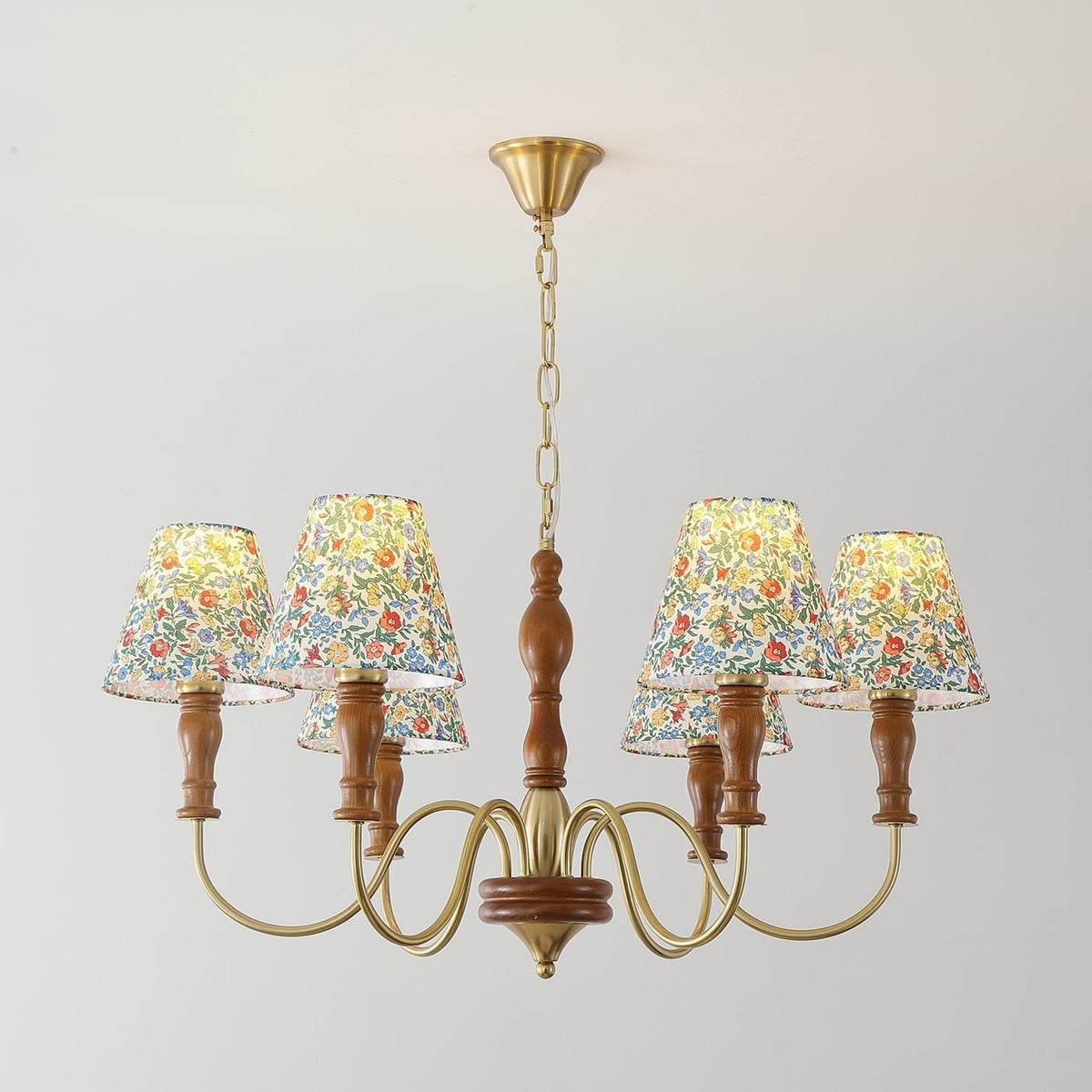 Florinda Floral Fabric Shade Chandelier with Wooden Arms-Neutral Decor