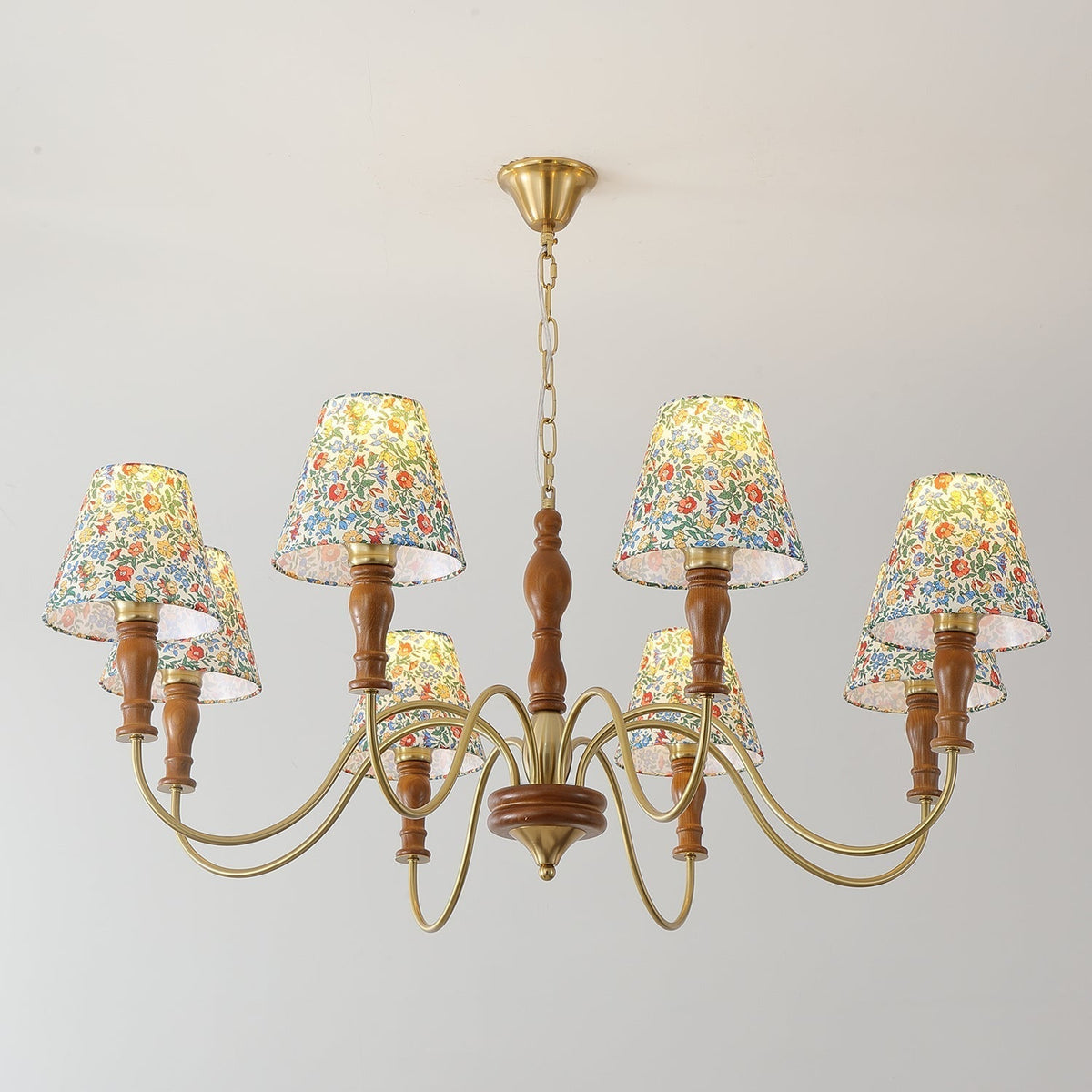 Florinda Floral Fabric Shade Chandelier with Wooden Arms-Neutral Decor