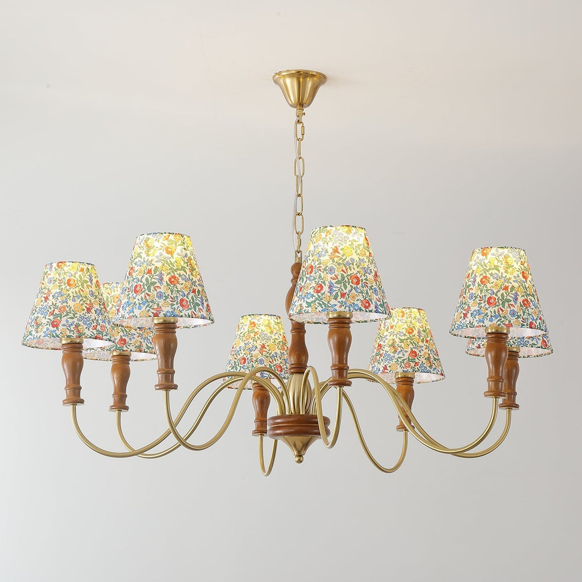 Florinda Floral Fabric Shade Chandelier with Wooden Arms-Neutral Decor