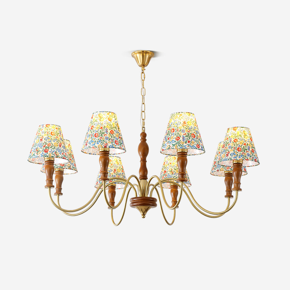 Florinda Floral Fabric Shade Chandelier with Wooden Arms-Neutral Decor