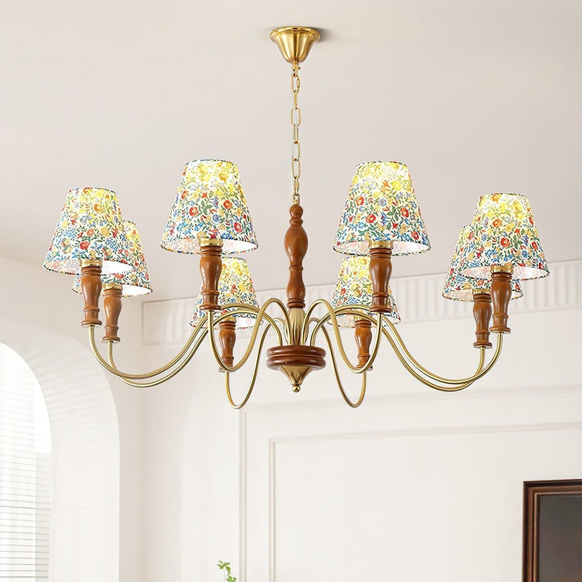 Florinda Floral Fabric Shade Chandelier with Wooden Arms-Neutral Decor