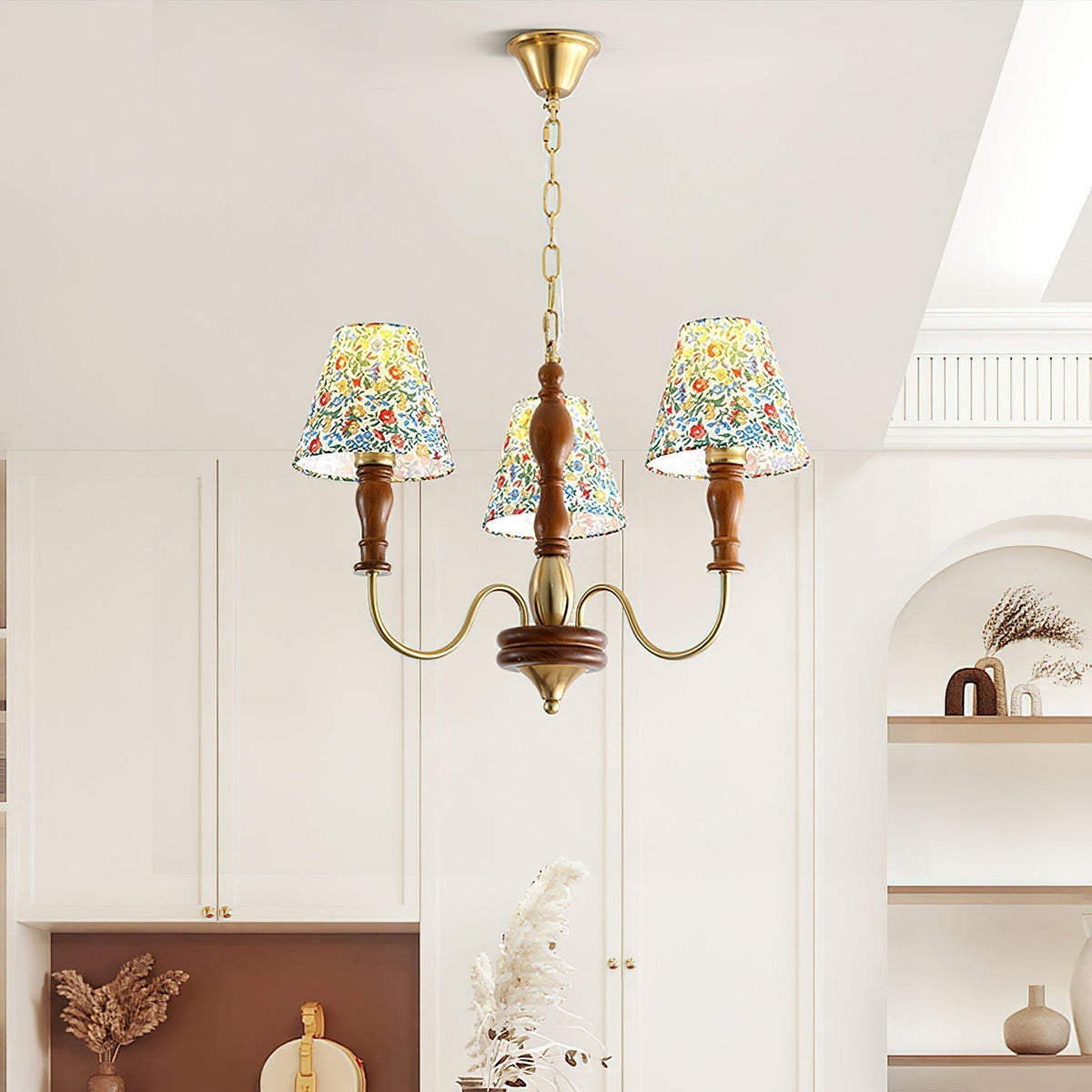 Florinda Floral Fabric Shade Chandelier with Wooden Arms-Neutral Decor