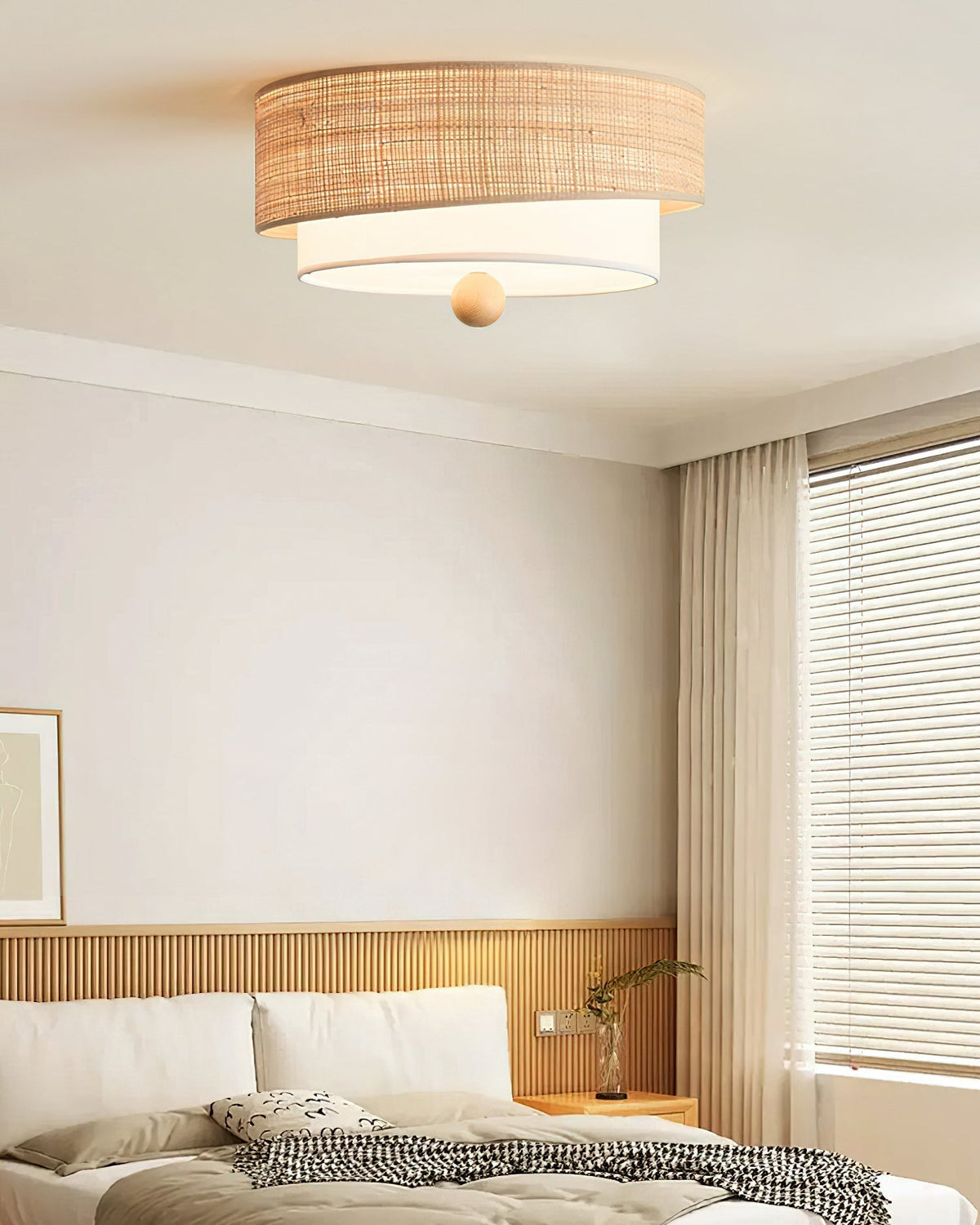 The light fixture unlit, showcasing its natural materials.